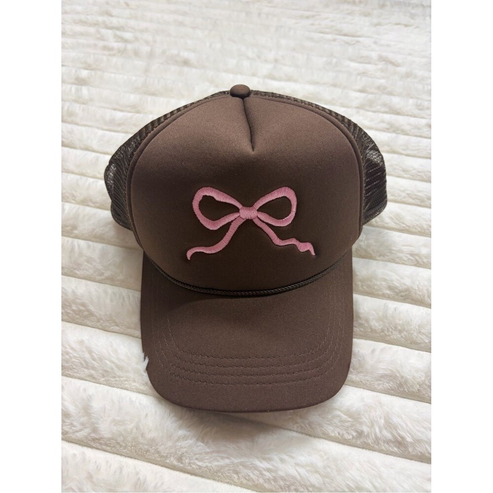 Pink Lily Brown Mesh Trucker Hat Pink Bow Embroidered Coquette Western Cowgirl